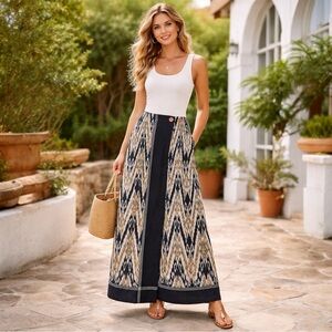 Chico’s Vintage Women Ikat Panel Maxi Skirt Size 2 Black Beige Boho Chic
